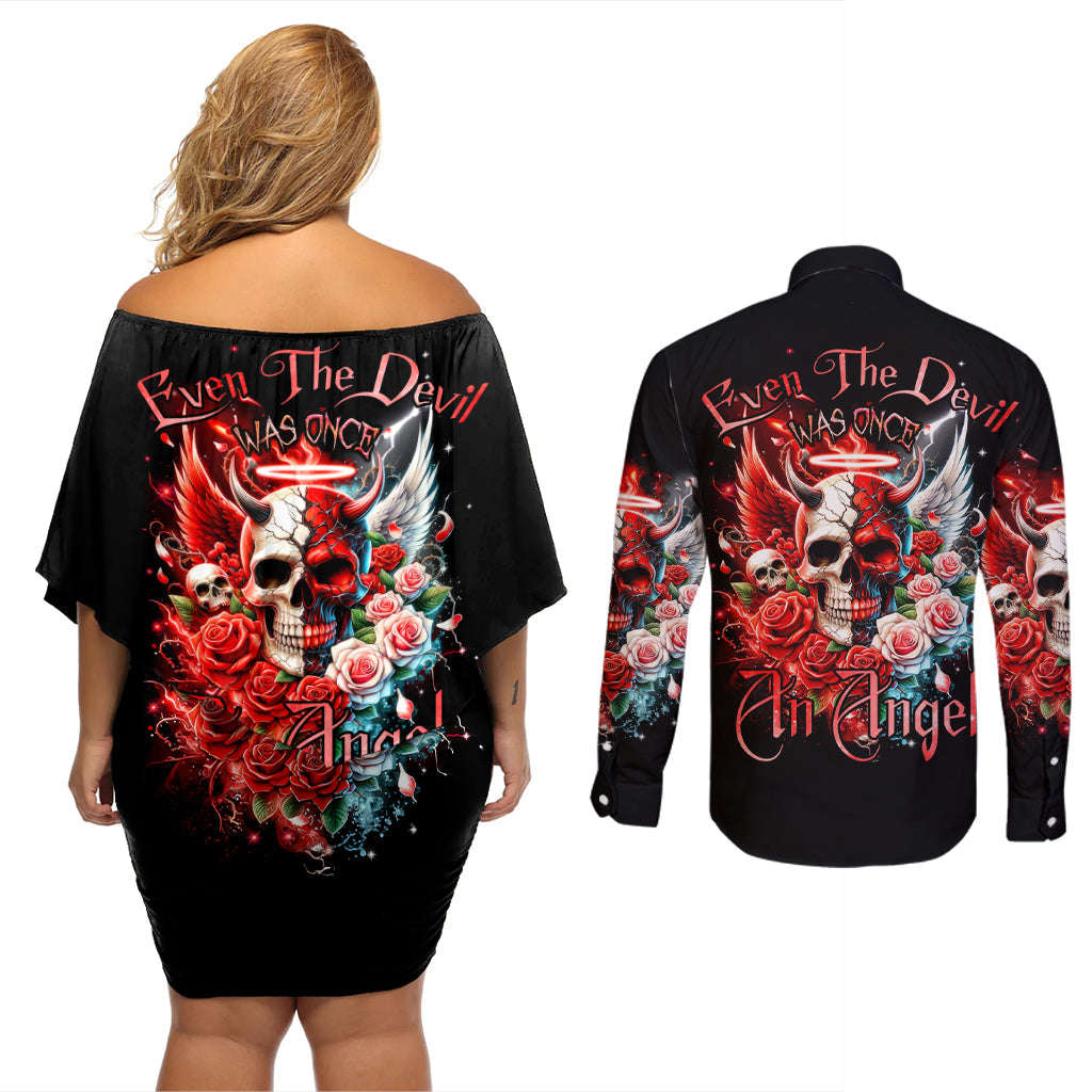 Evil Angel Skull Couples Matching Off Shoulder Short Dress and Long Sleeve Button Shirt Even The Devil Was Once An Angel