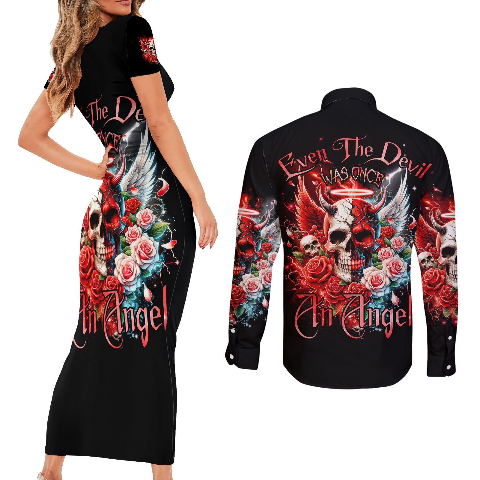 Evil Angel Skull Couples Matching Short Sleeve Bodycon Dress and Long Sleeve Button Shirt Even The Devil Was Once An Angel