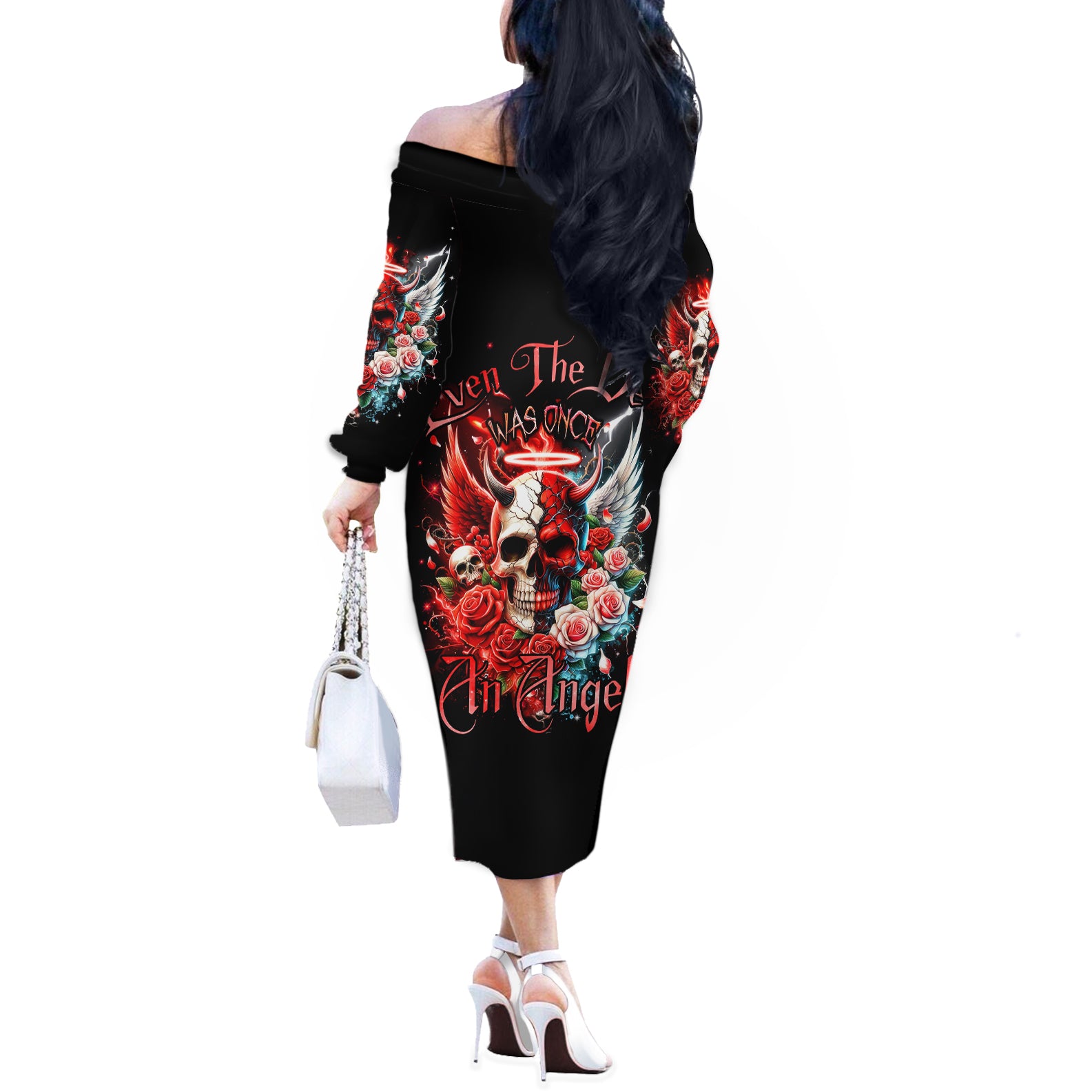 Evil Angel Skull Off The Shoulder Long Sleeve Dress Even The Devil Was Once An Angel