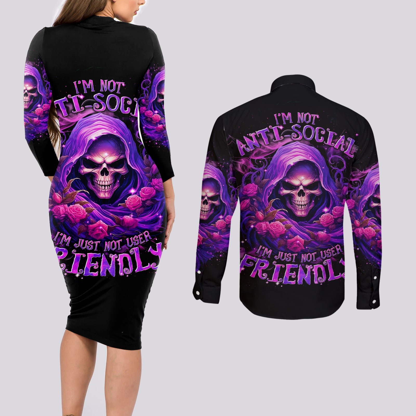 Reaper Skull Couples Matching Long Sleeve Bodycon Dress and Long Sleeve Button Shirt I'm Not Ant-Social I'm Just Not User Friendly