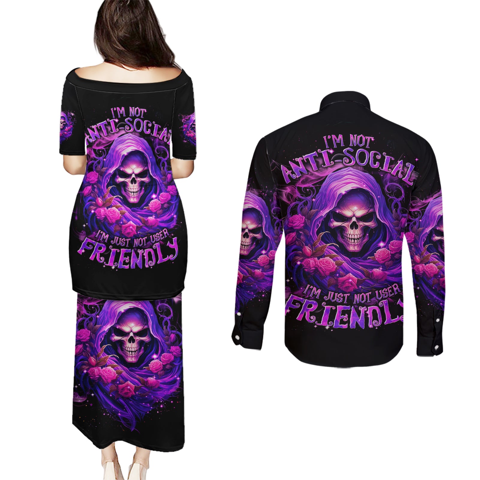 Reaper Skull Couples Matching Puletasi and Long Sleeve Button Shirt I'm Not Ant-Social I'm Just Not User Friendly