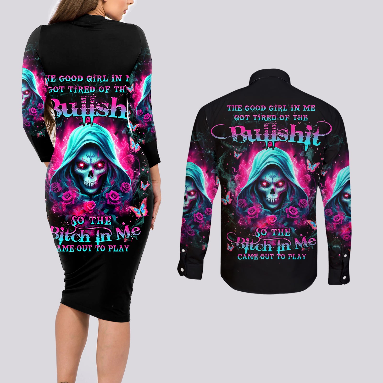 Witch Skull Couples Matching Long Sleeve Bodycon Dress and Long Sleeve Button Shirt The Good Girl In Me Got Tired Of The Bullshit