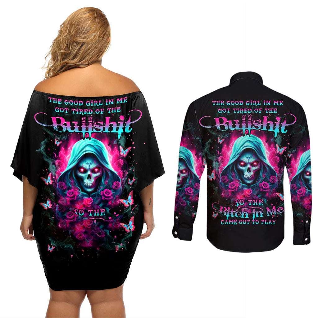 Witch Skull Couples Matching Off Shoulder Short Dress and Long Sleeve Button Shirt The Good Girl In Me Got Tired Of The Bullshit