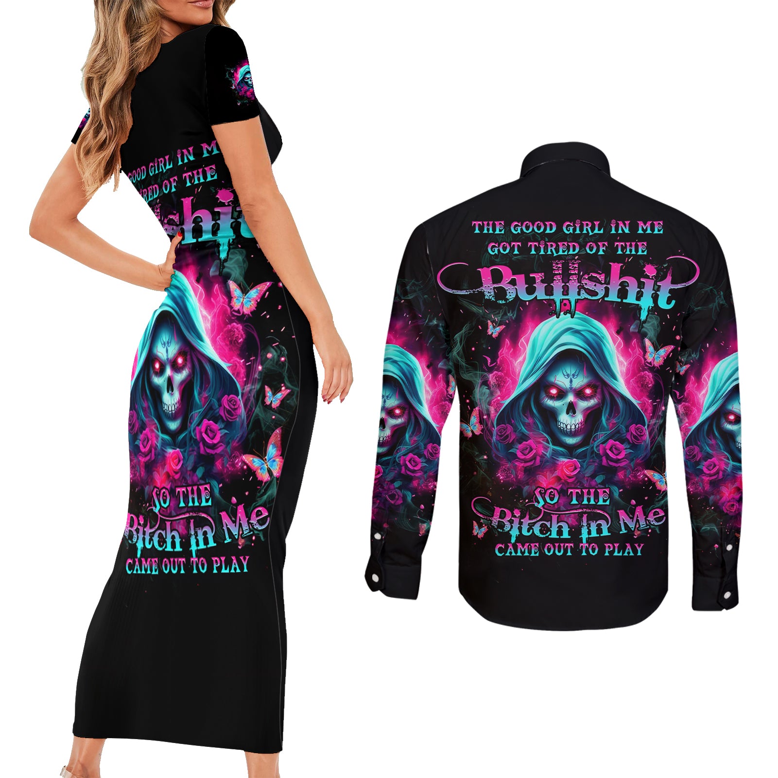 Witch Skull Couples Matching Short Sleeve Bodycon Dress and Long Sleeve Button Shirt The Good Girl In Me Got Tired Of The Bullshit