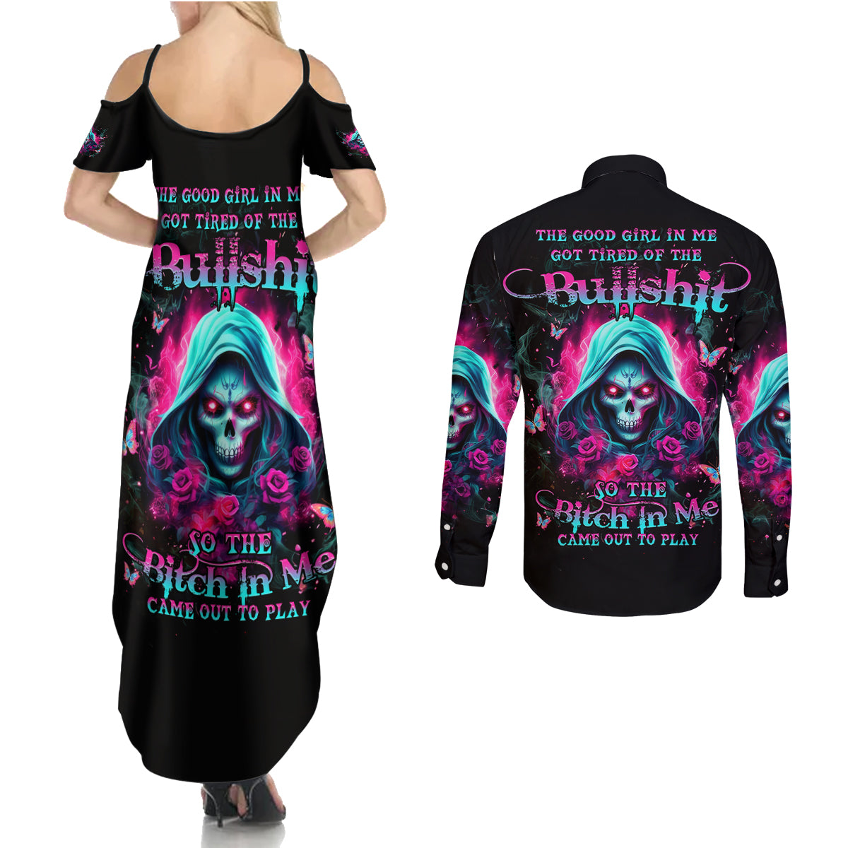 Witch Skull Couples Matching Summer Maxi Dress and Long Sleeve Button Shirt The Good Girl In Me Got Tired Of The Bullshit