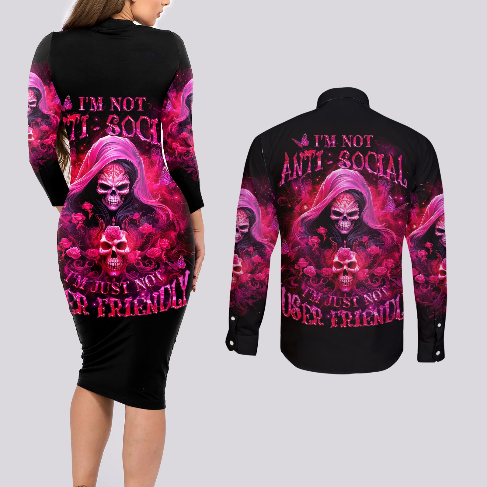 Witch Skull Couples Matching Long Sleeve Bodycon Dress and Long Sleeve Button Shirt I'm Not Ant-Social I'm Just Not User Friendly