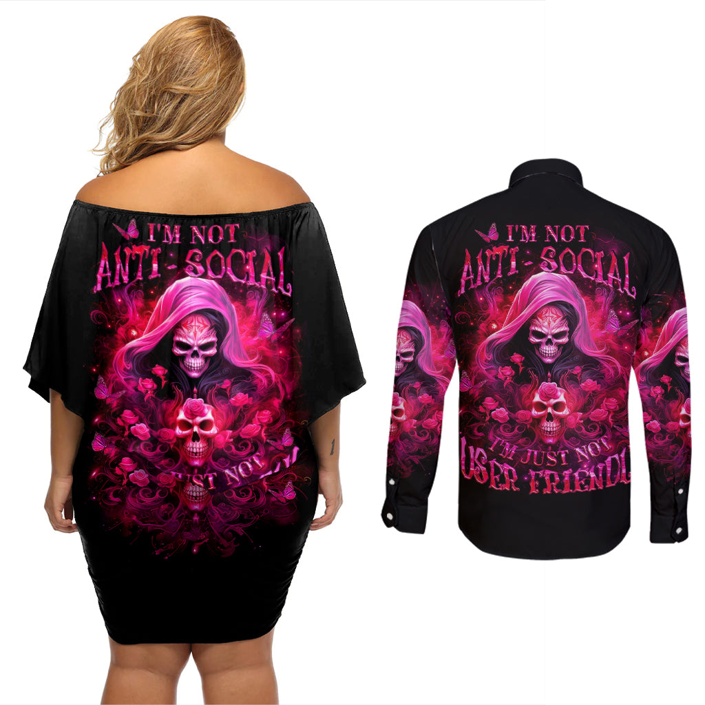 Witch Skull Couples Matching Off Shoulder Short Dress and Long Sleeve Button Shirt I'm Not Ant-Social I'm Just Not User Friendly