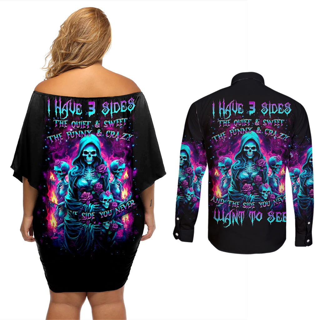 Witch Skull Couples Matching Off Shoulder Short Dress and Long Sleeve Button Shirt I Have 3 Sides And The Side You Never Want To See