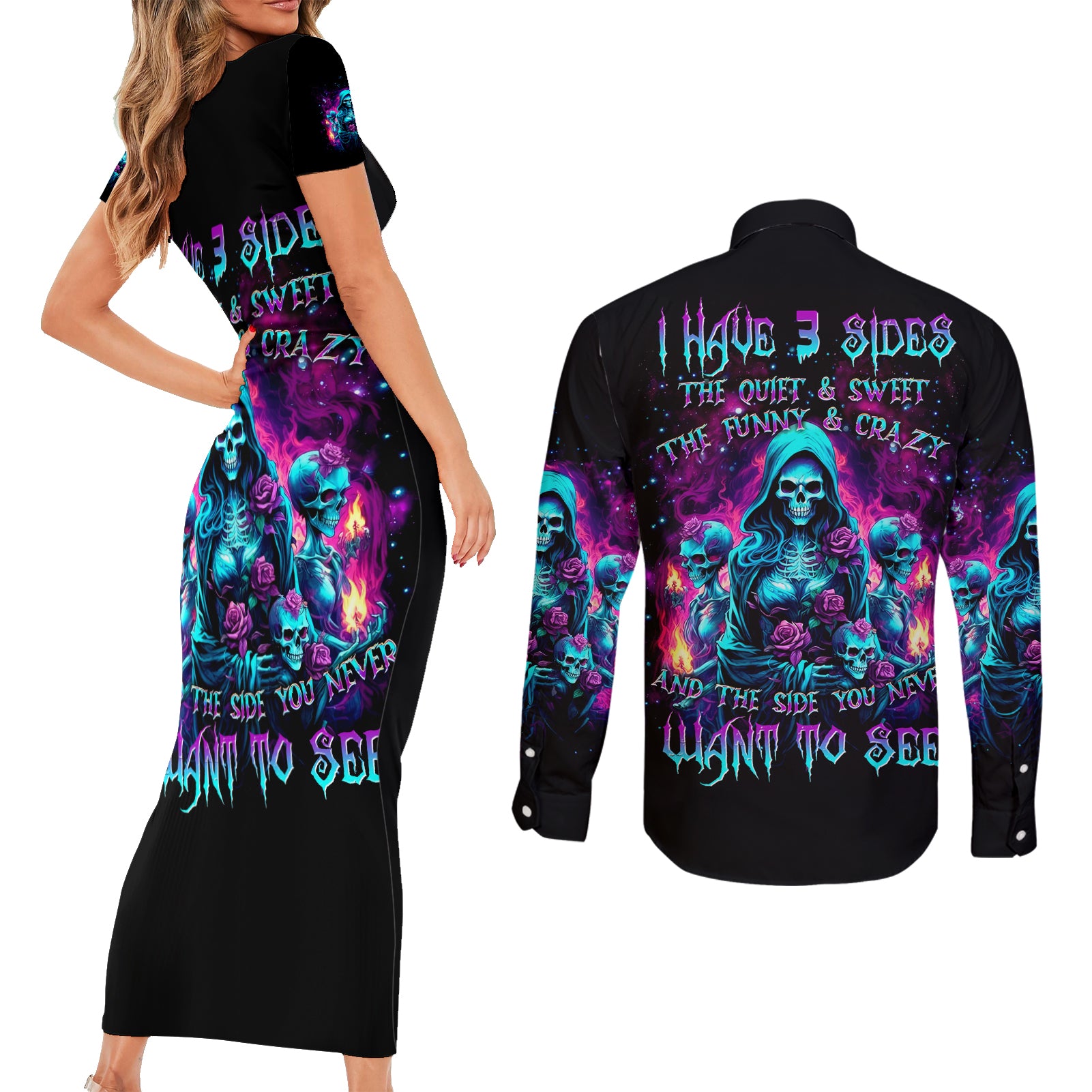 Witch Skull Couples Matching Short Sleeve Bodycon Dress and Long Sleeve Button Shirt I Have 3 Sides And The Side You Never Want To See