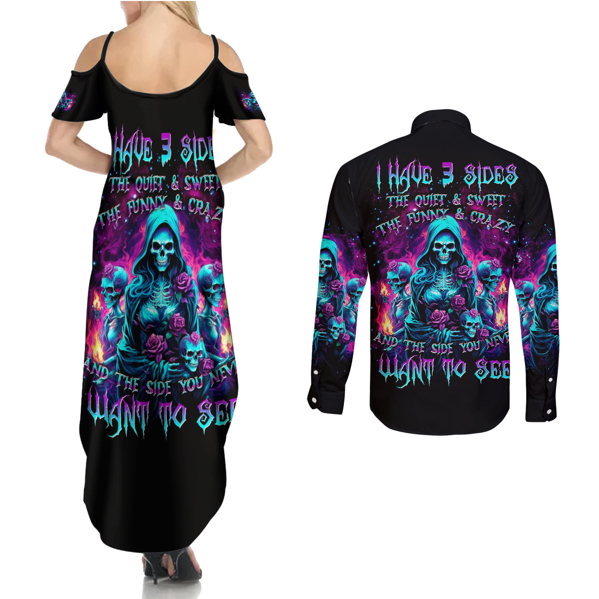 Witch Skull Couples Matching Summer Maxi Dress and Long Sleeve Button Shirt I Have 3 Sides And The Side You Never Want To See