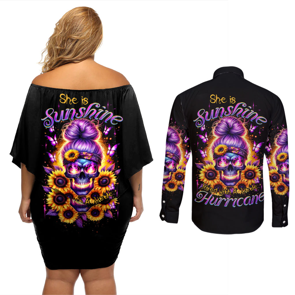 Sunflower Skull Couples Matching Off Shoulder Short Dress and Long Sleeve Button Shirt She Is Sunshine Mixed With A Little Hurricane