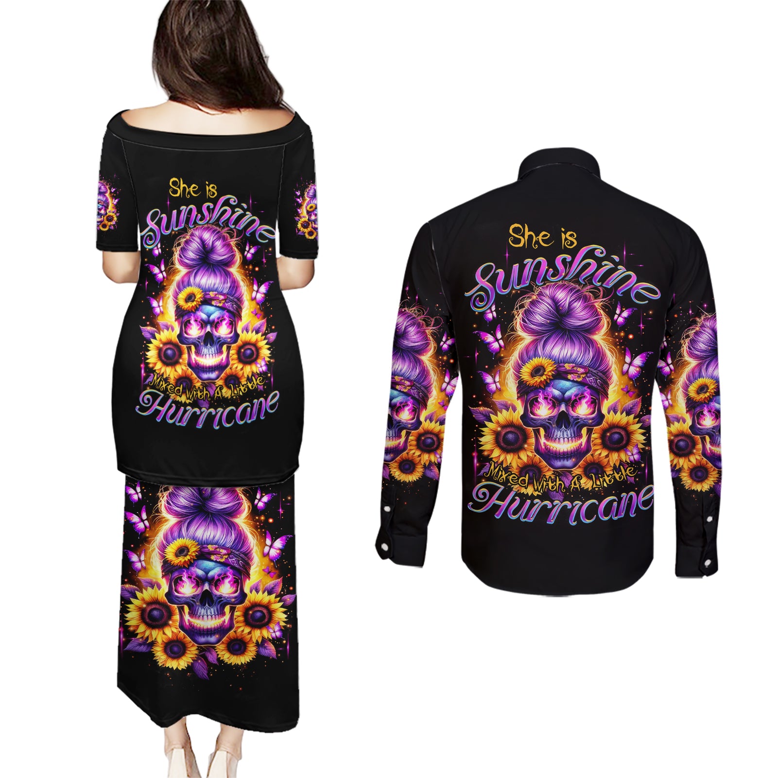 Sunflower Skull Couples Matching Puletasi and Long Sleeve Button Shirt She Is Sunshine Mixed With A Little Hurricane