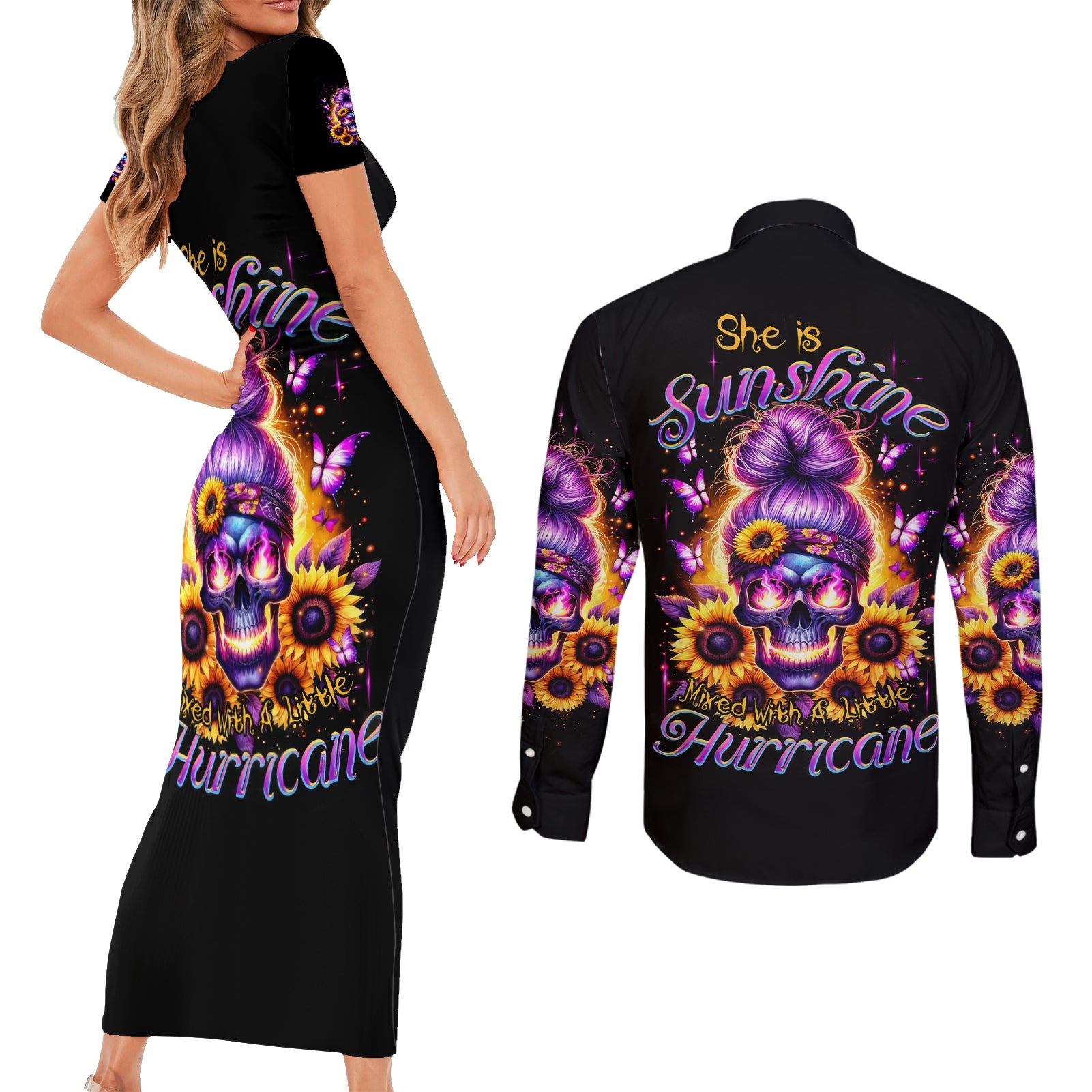 Sunflower Skull Couples Matching Short Sleeve Bodycon Dress and Long Sleeve Button Shirt She Is Sunshine Mixed With A Little Hurricane