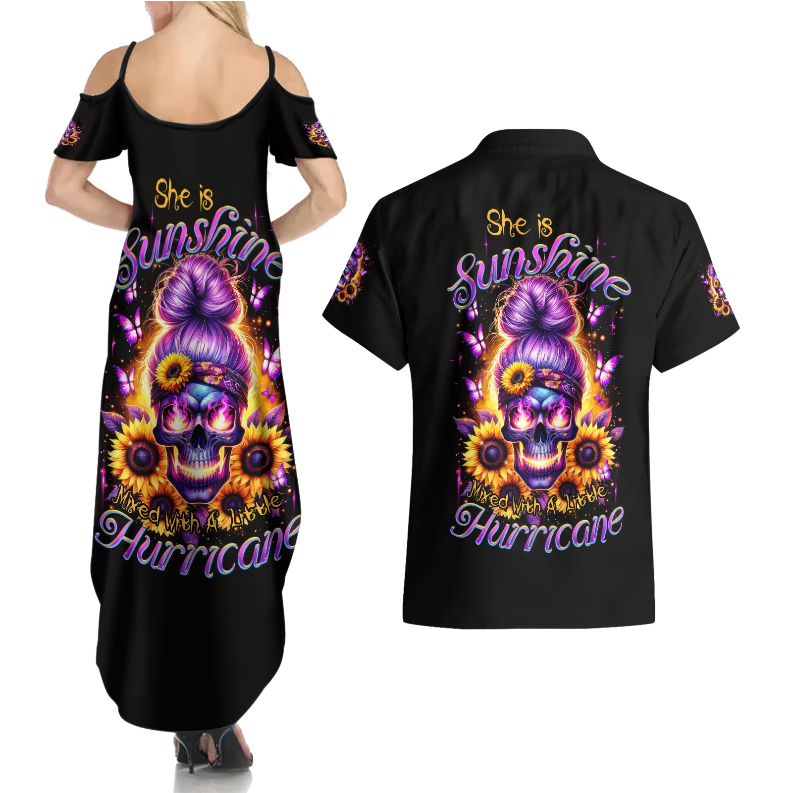 Sunflower Skull Couples Matching Summer Maxi Dress and Hawaiian Shirt She Is Sunshine Mixed With A Little Hurricane