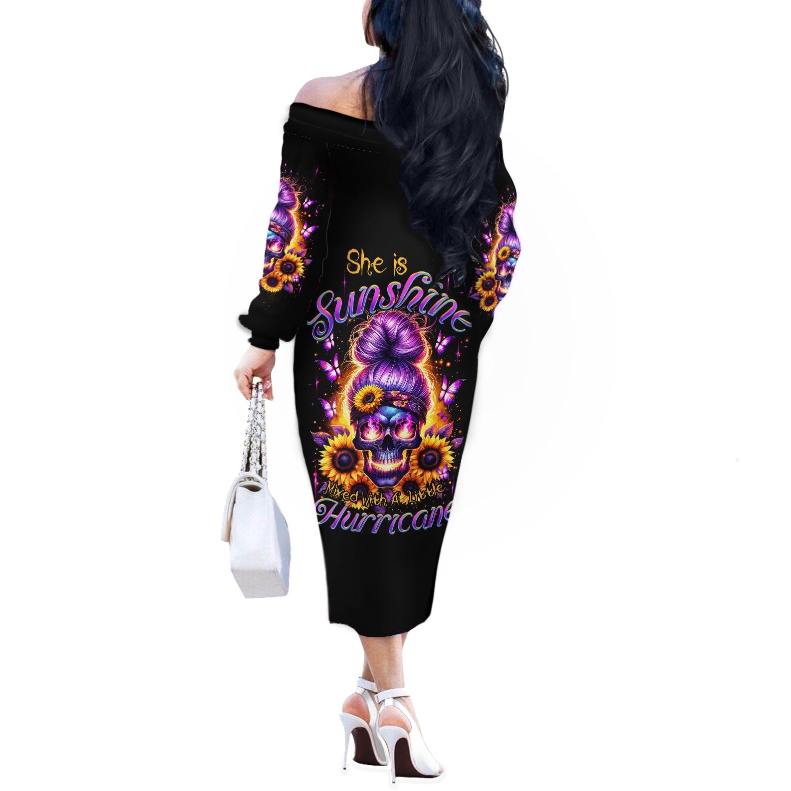 Sunflower Skull Off The Shoulder Long Sleeve Dress She Is Sunshine Mixed With A Little Hurricane