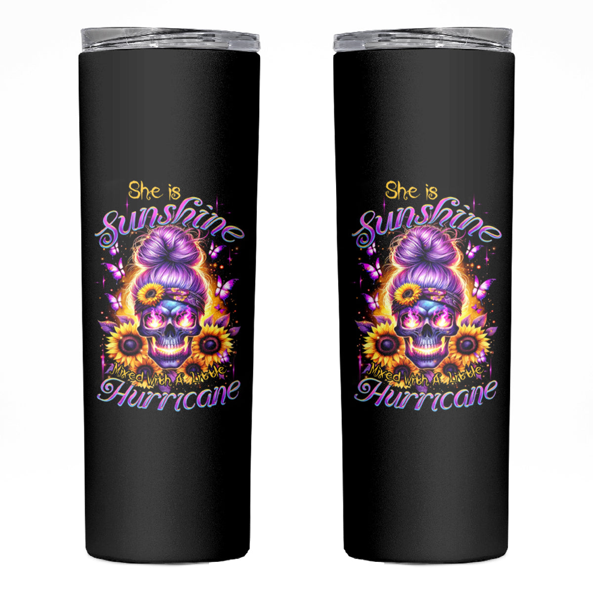 Sunflower Skull Skinny Tumbler She Is Sunshine Mixed With A Little Hurricane