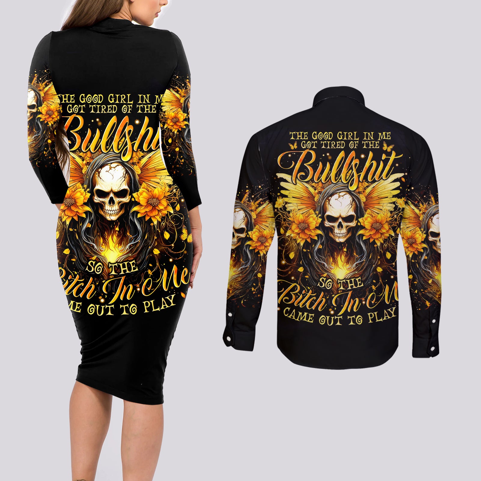 Fairy Skull Couples Matching Long Sleeve Bodycon Dress and Long Sleeve Button Shirt The Good Girl In Me Got Tired Of The Bullshit