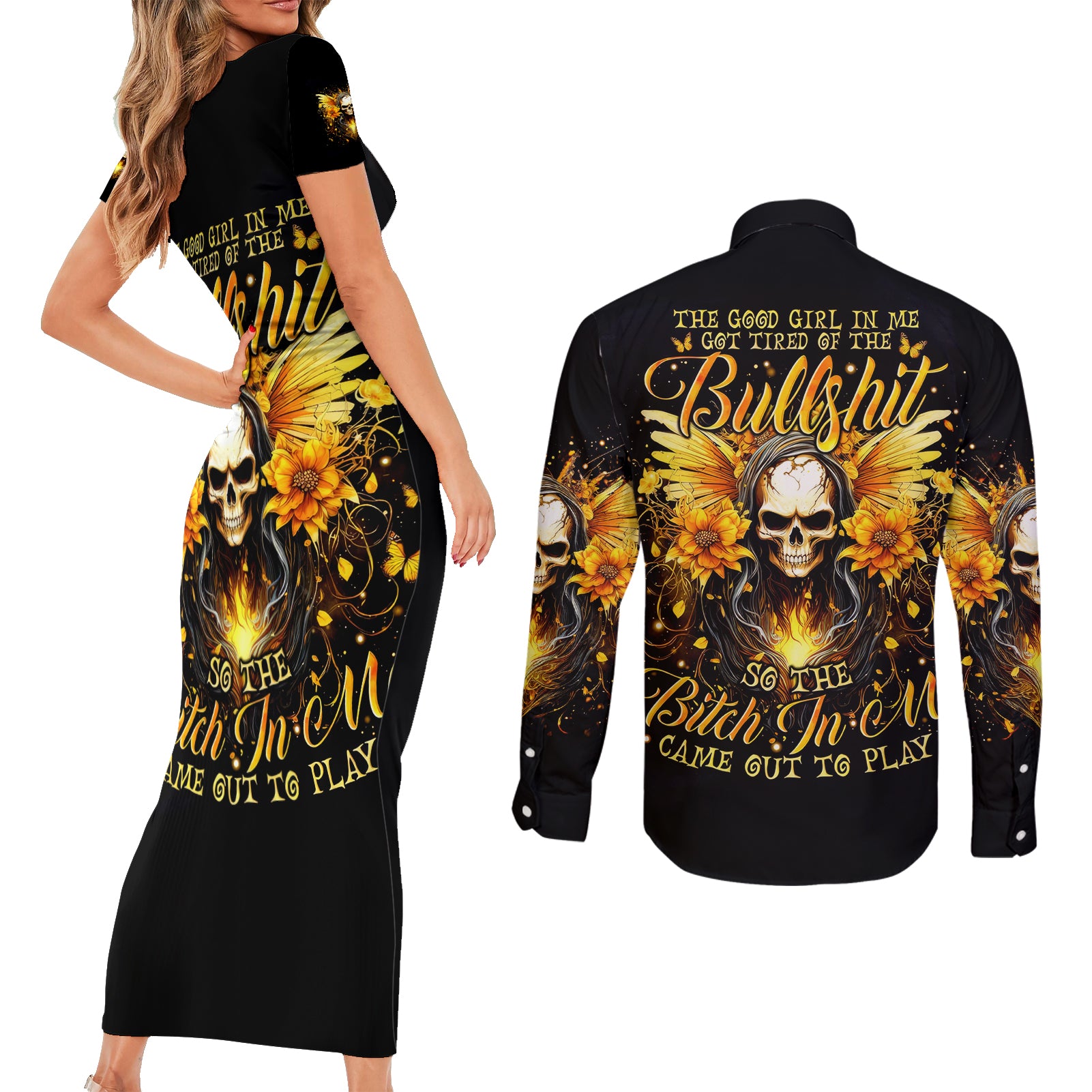 Fairy Skull Couples Matching Short Sleeve Bodycon Dress and Long Sleeve Button Shirt The Good Girl In Me Got Tired Of The Bullshit