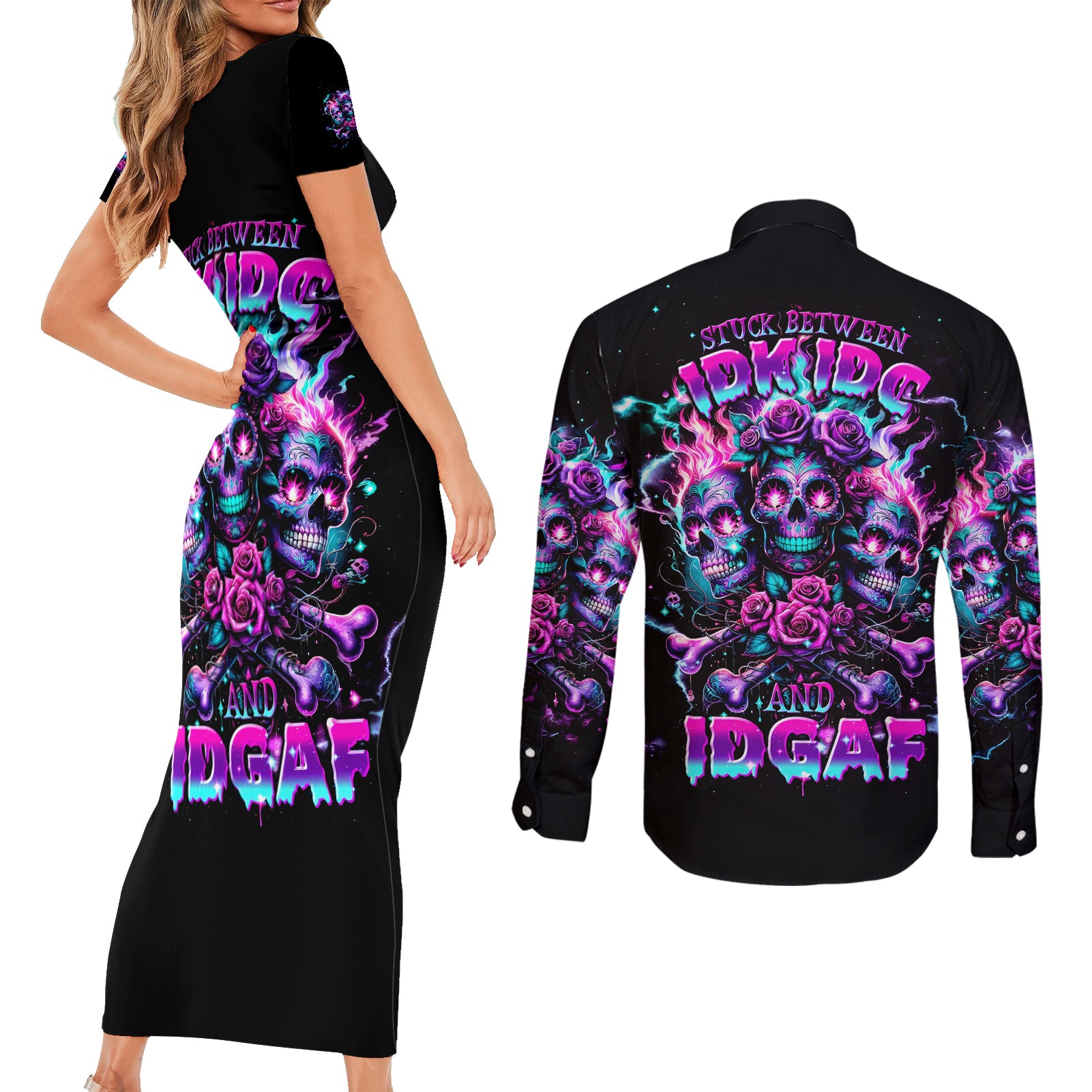 Flower Skull Couples Matching Short Sleeve Bodycon Dress and Long Sleeve Button Shirt Stuck Between IDK IDC