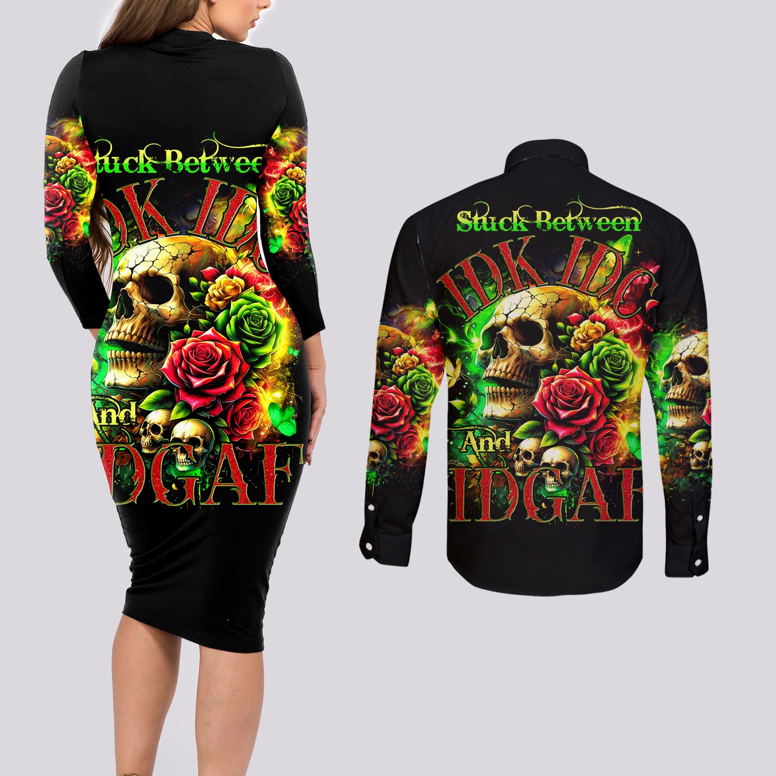 Rose Skull Couples Matching Long Sleeve Bodycon Dress and Long Sleeve Button Shirt Stuck Between IDK IDC