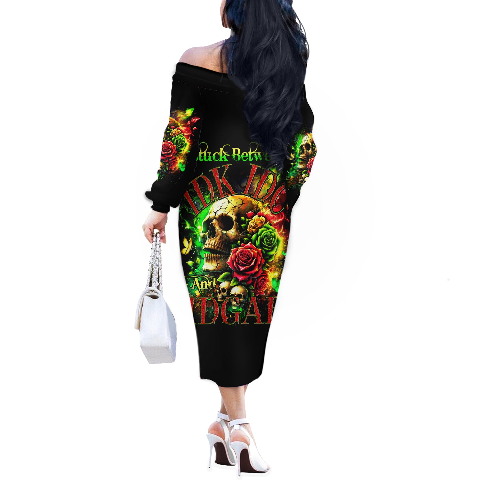 Rose Skull Off The Shoulder Long Sleeve Dress Stuck Between IDK IDC