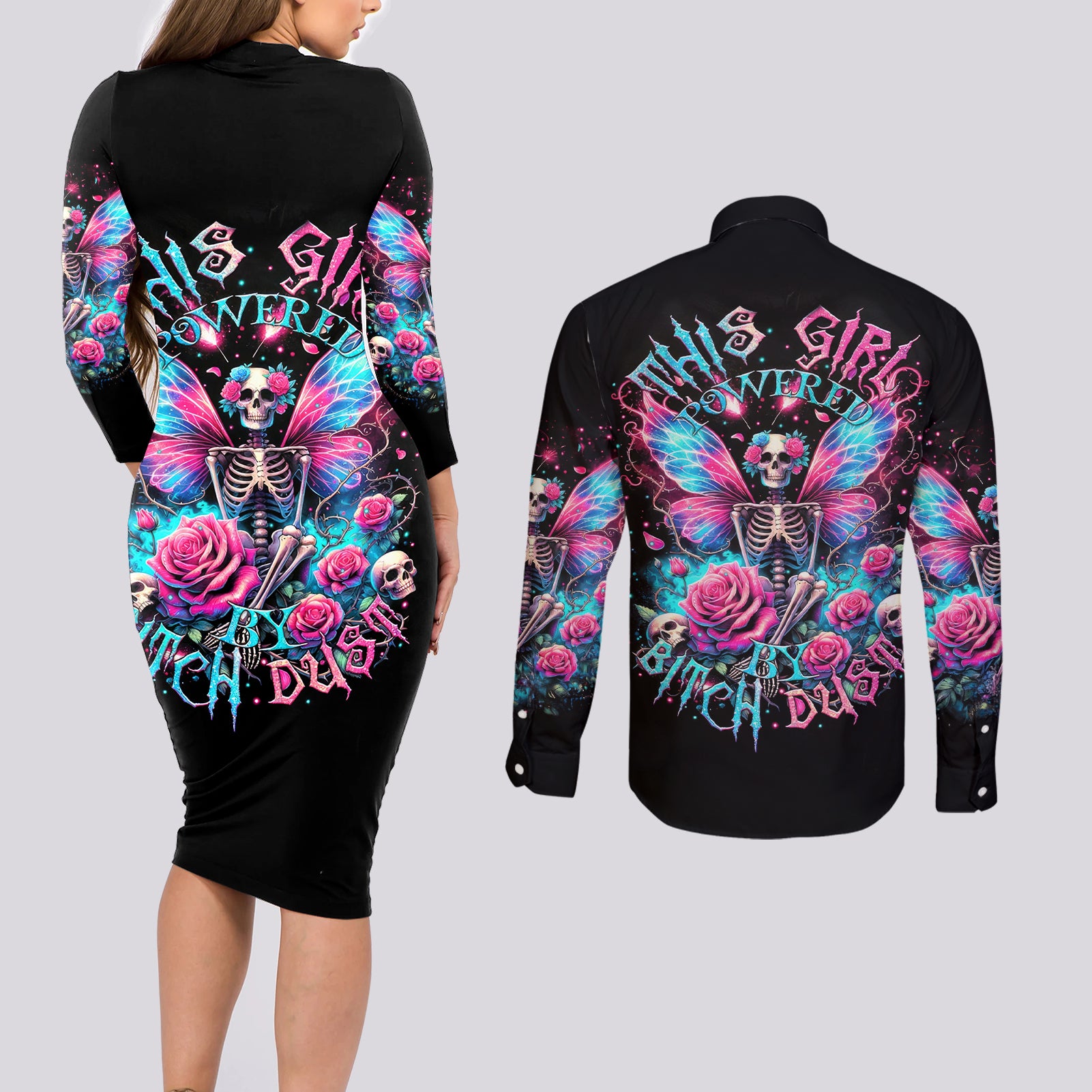 Fairy Skull Couples Matching Long Sleeve Bodycon Dress and Long Sleeve Button Shirt This Girl Powered By Bitch Dust