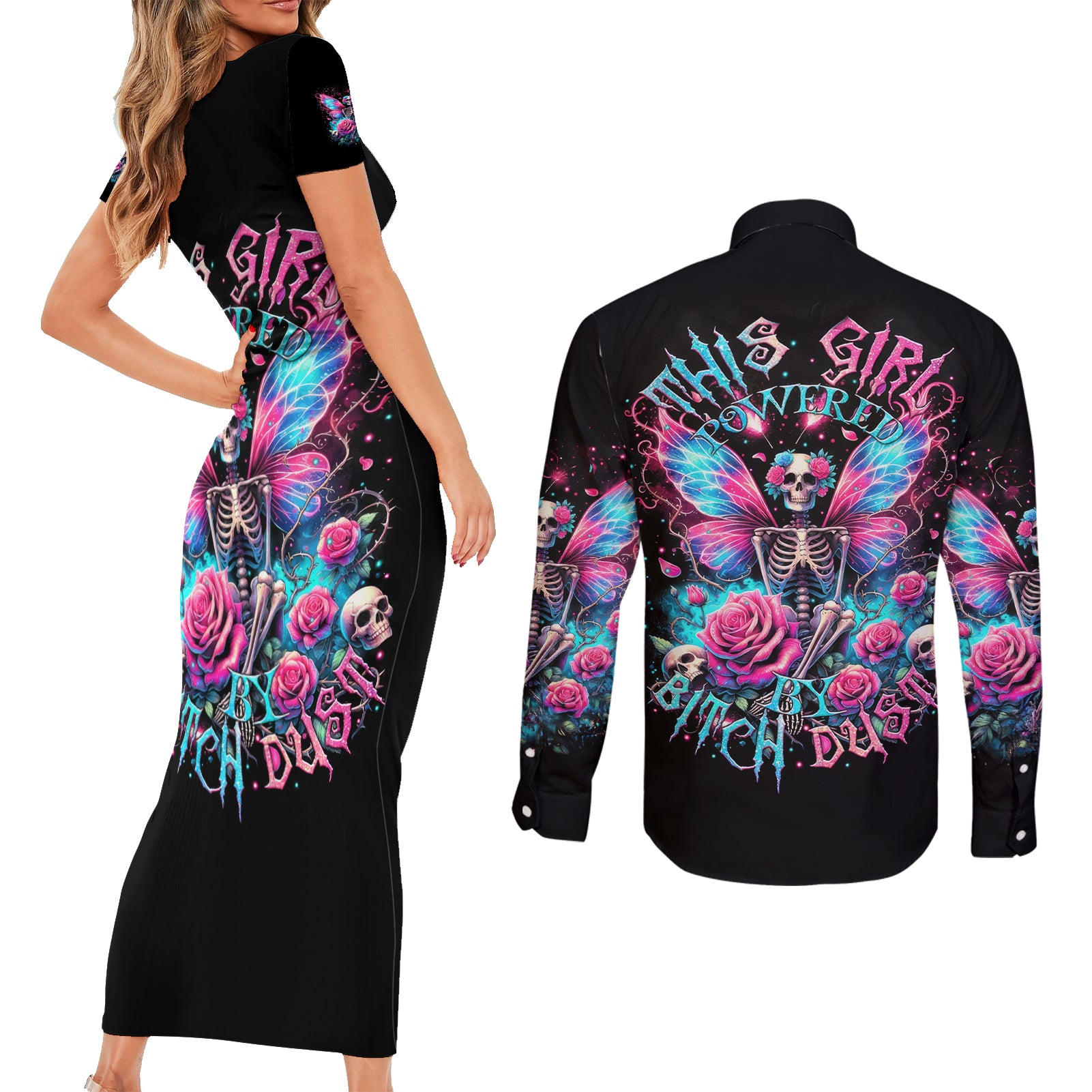 Fairy Skull Couples Matching Short Sleeve Bodycon Dress and Long Sleeve Button Shirt This Girl Powered By Bitch Dust