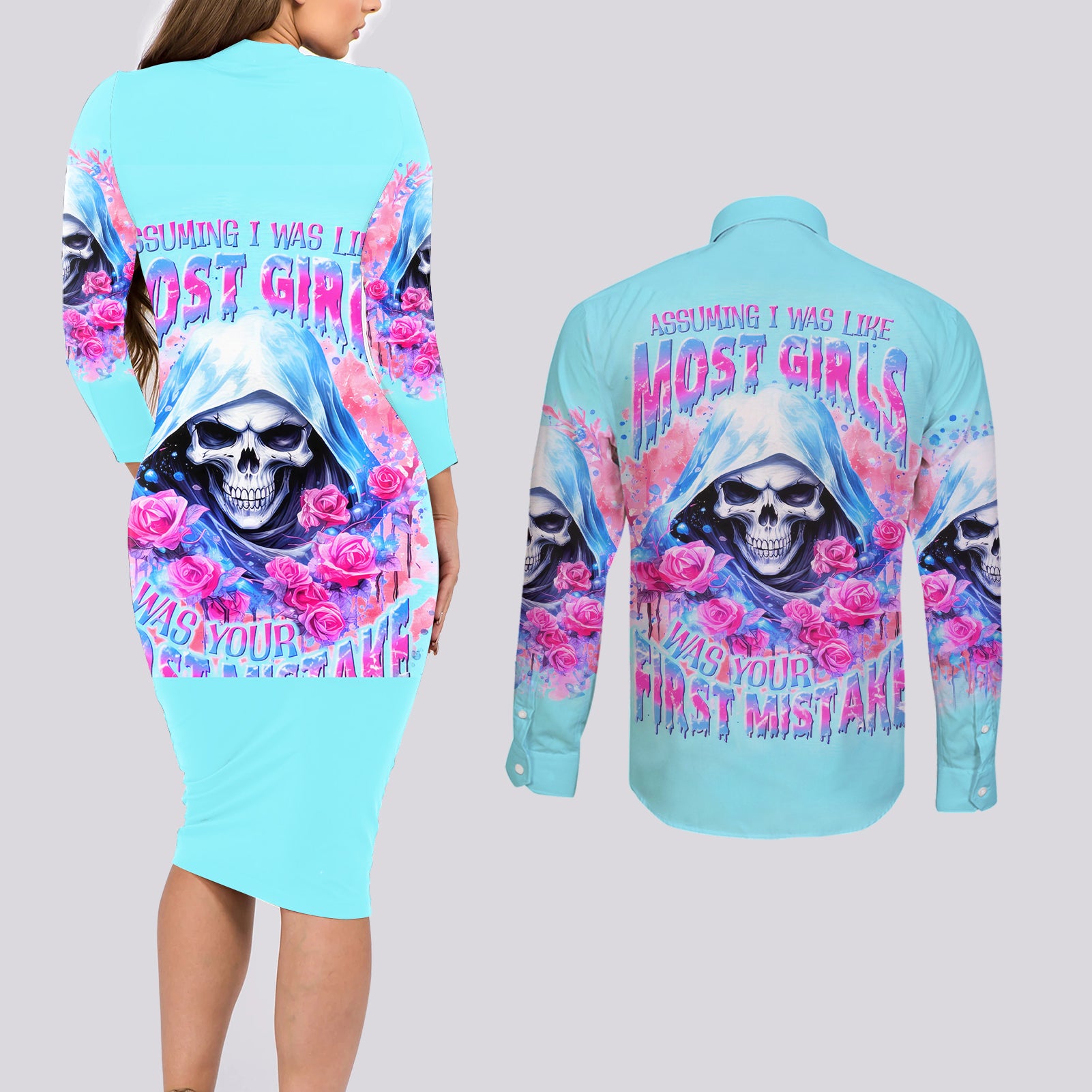 Witch Skull Couples Matching Long Sleeve Bodycon Dress and Long Sleeve Button Shirt Assuming Was Like Most Girls Was Your First Mistake