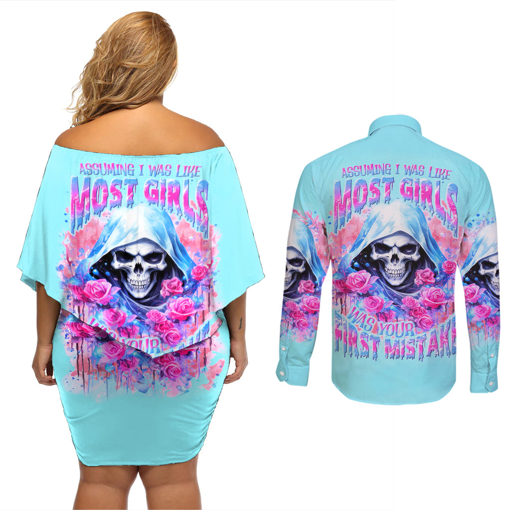 Witch Skull Couples Matching Off Shoulder Short Dress and Long Sleeve Button Shirt Assuming Was Like Most Girls Was Your First Mistake