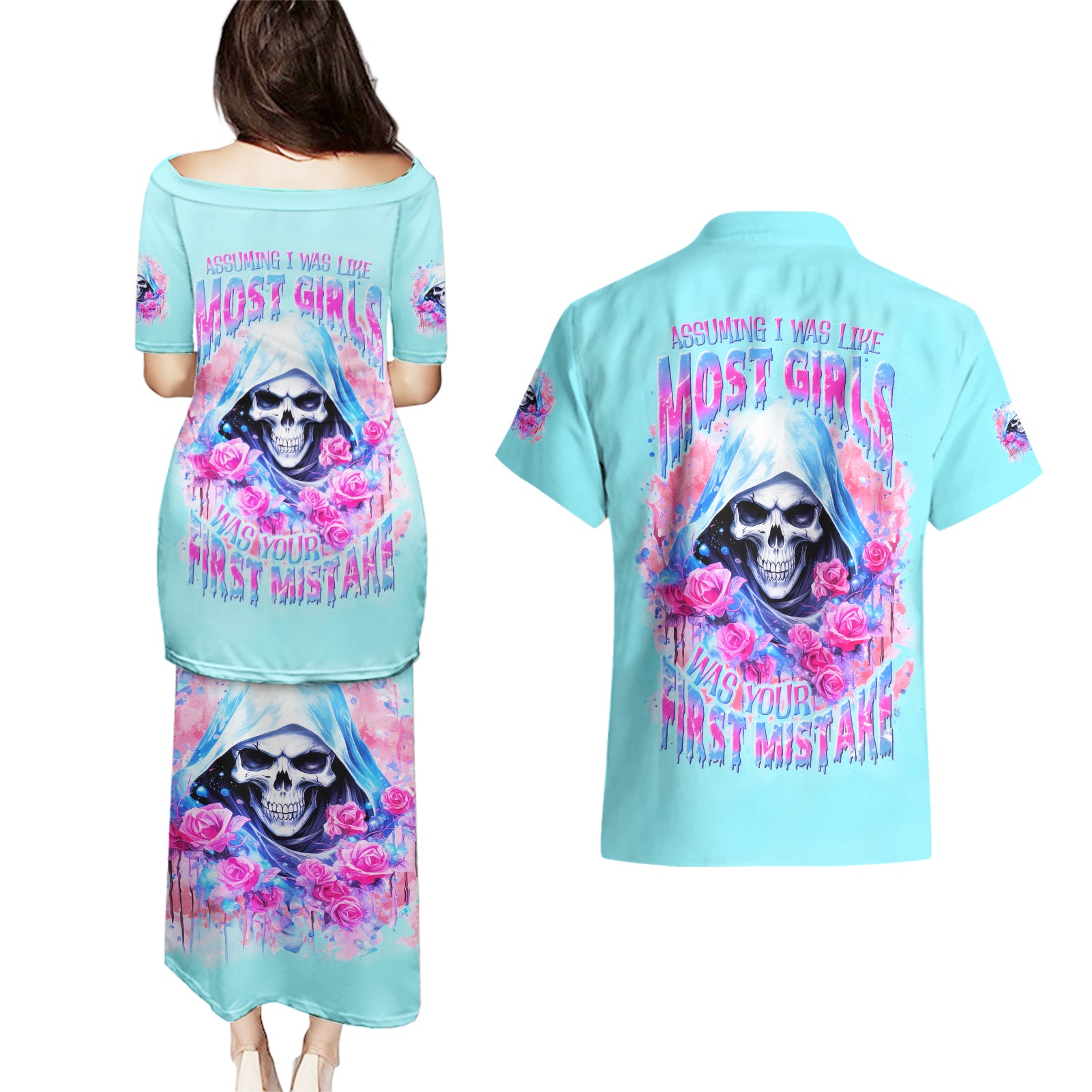 Witch Skull Couples Matching Puletasi and Hawaiian Shirt Assuming Was Like Most Girls Was Your First Mistake