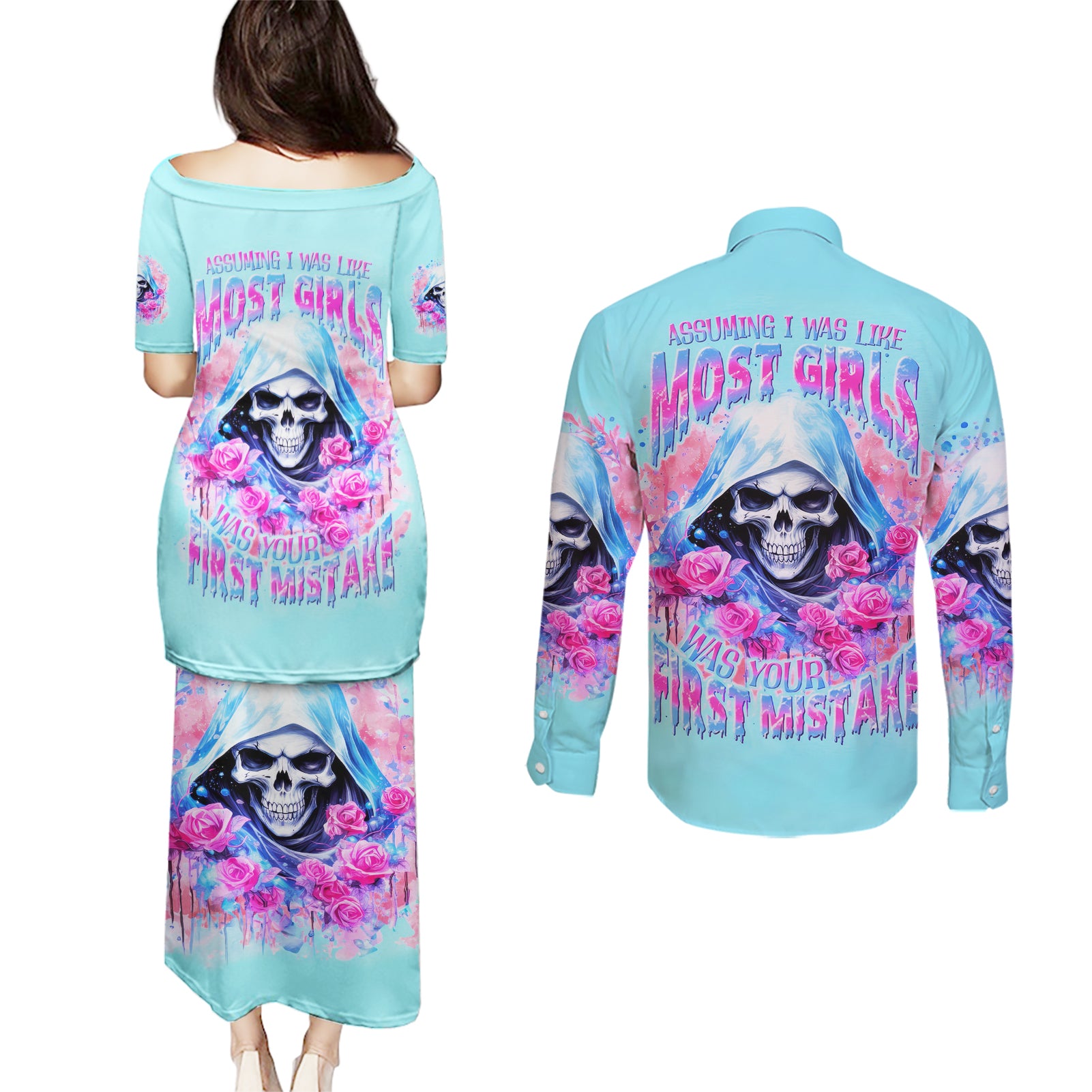 Witch Skull Couples Matching Puletasi and Long Sleeve Button Shirt Assuming Was Like Most Girls Was Your First Mistake