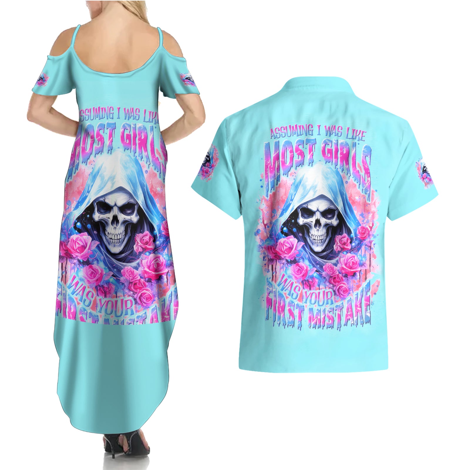 Witch Skull Couples Matching Summer Maxi Dress and Hawaiian Shirt Assuming Was Like Most Girls Was Your First Mistake