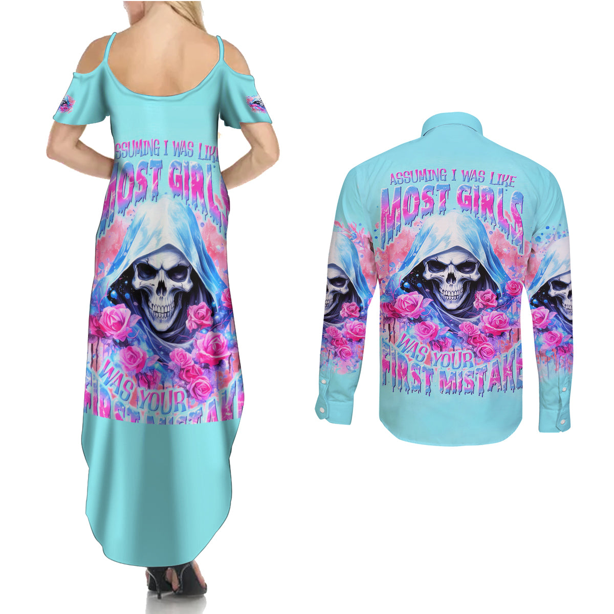 Witch Skull Couples Matching Summer Maxi Dress and Long Sleeve Button Shirt Assuming Was Like Most Girls Was Your First Mistake