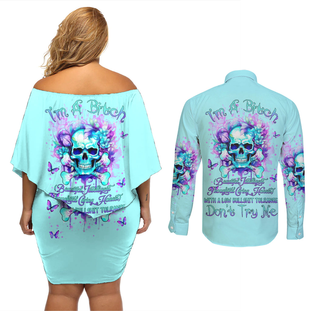 Flower Skull Couples Matching Off Shoulder Short Dress and Long Sleeve Button Shirt I'm A Bitch With A Low Bullshiit Tolrange Don't Try Me