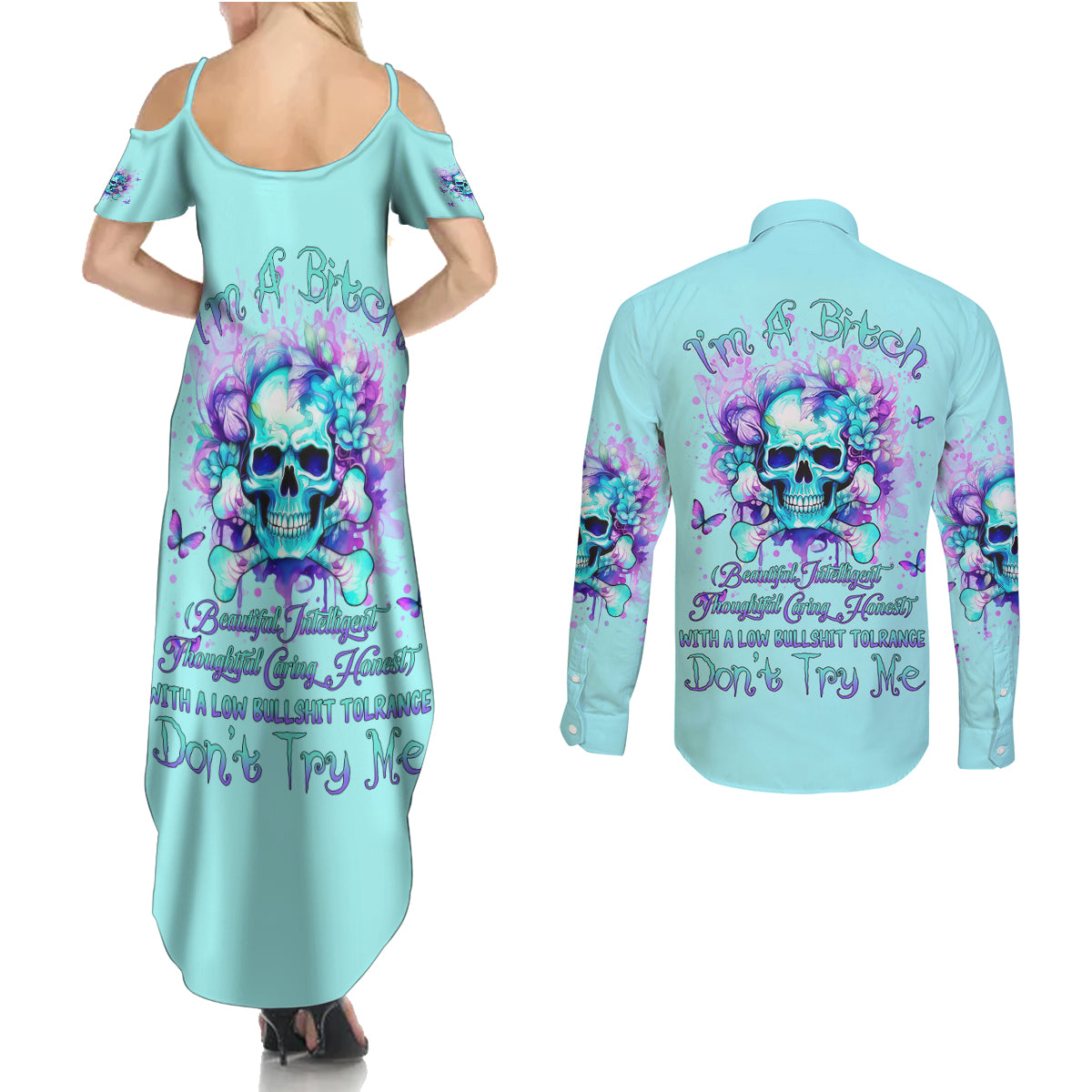 Flower Skull Couples Matching Summer Maxi Dress and Long Sleeve Button Shirt I'm A Bitch With A Low Bullshiit Tolrange Don't Try Me