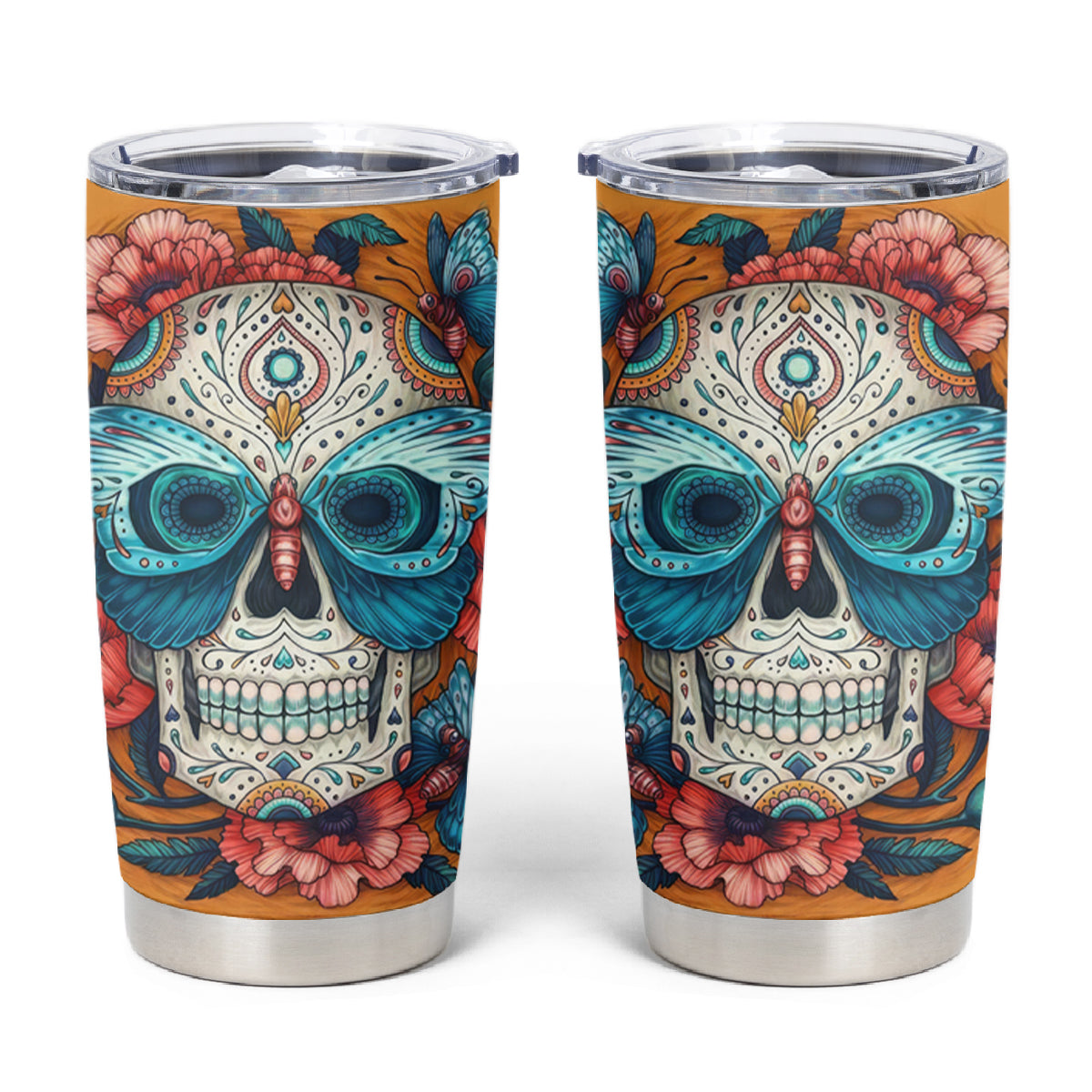 Day of Dead Skull Tumbler Cup Sugar Skull Butterfly