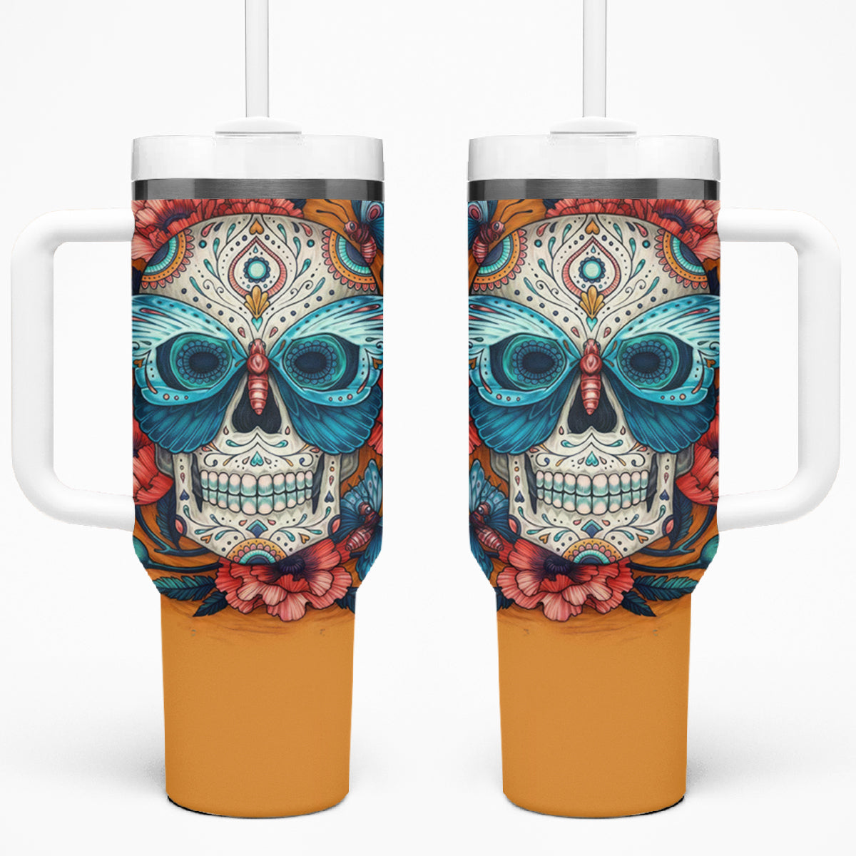 Day of Dead Skull Tumbler With Handle Sugar Skull Butterfly