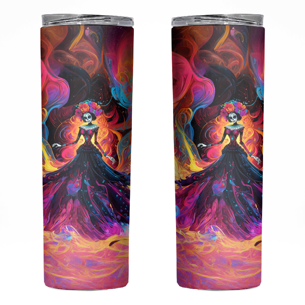 Day of Dead Lady Skinny Tumbler Sugar Skull Flame Lady