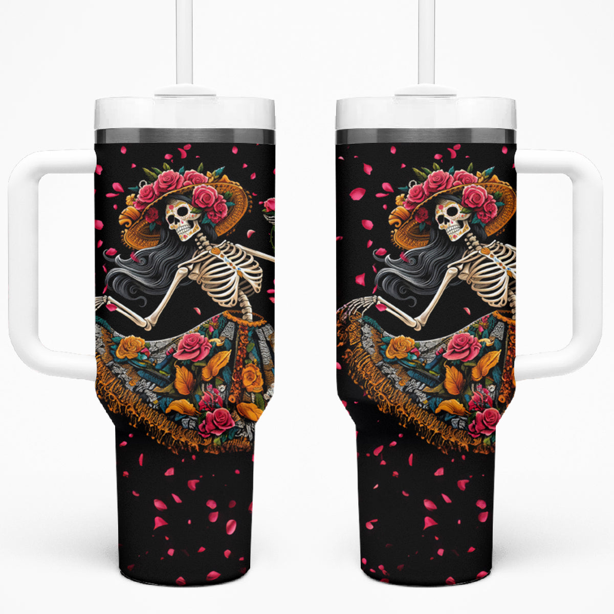 Day of Dead Lady Tumbler With Handle Sugar Skull Lady Dancing