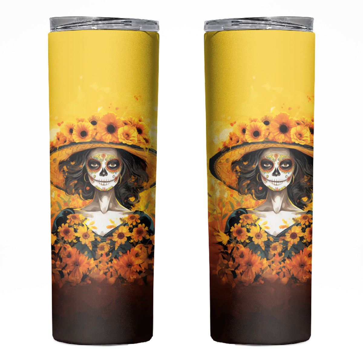 Day of Dead Lady Skinny Tumbler Sugar Skull Lady Sunflower