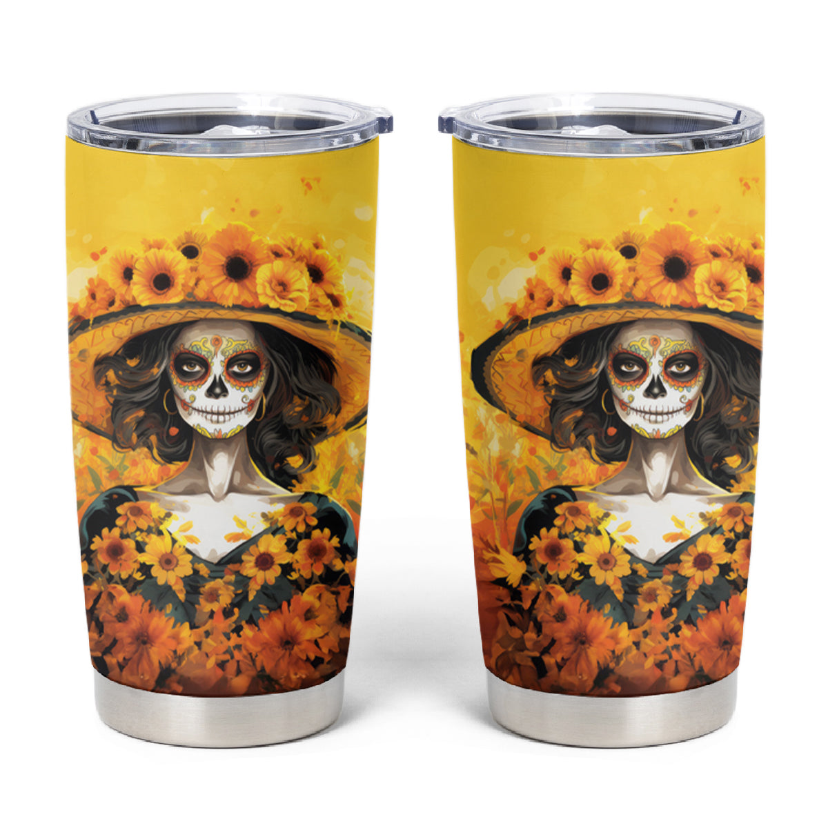 Day of Dead Lady Tumbler Cup Sugar Skull Lady Sunflower