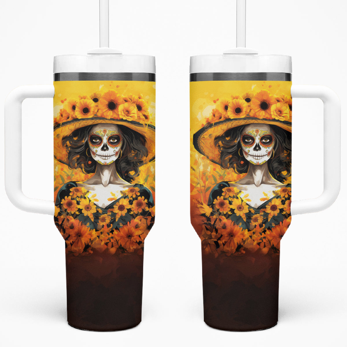 Day of Dead Lady Tumbler With Handle Sugar Skull Lady Sunflower