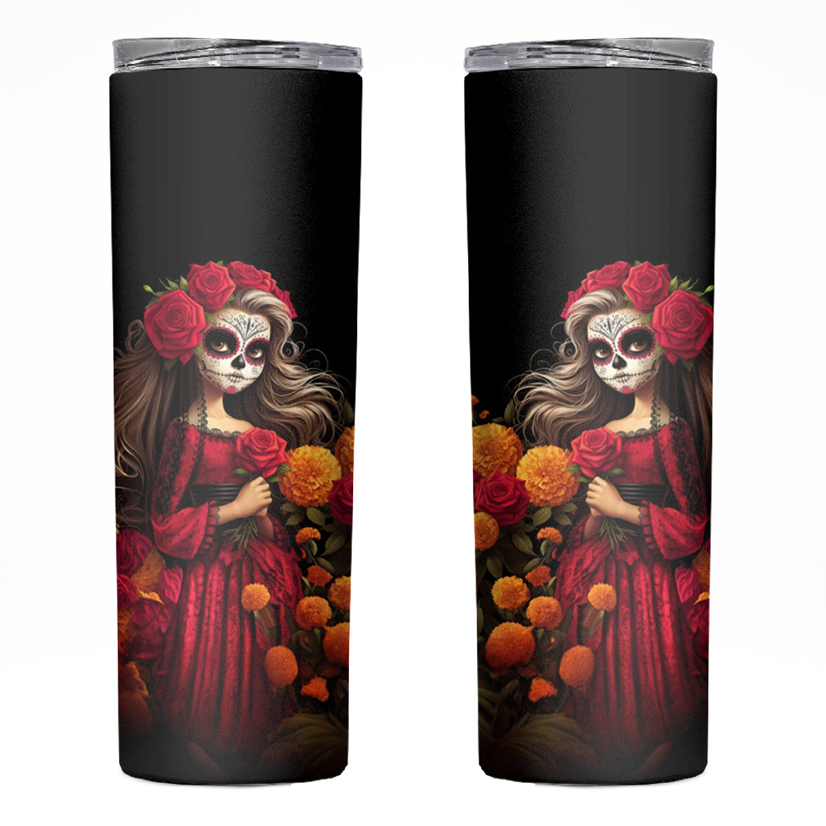 Day of Dead Girl Skinny Tumbler Sugar Skull Girl Rose And Marigold