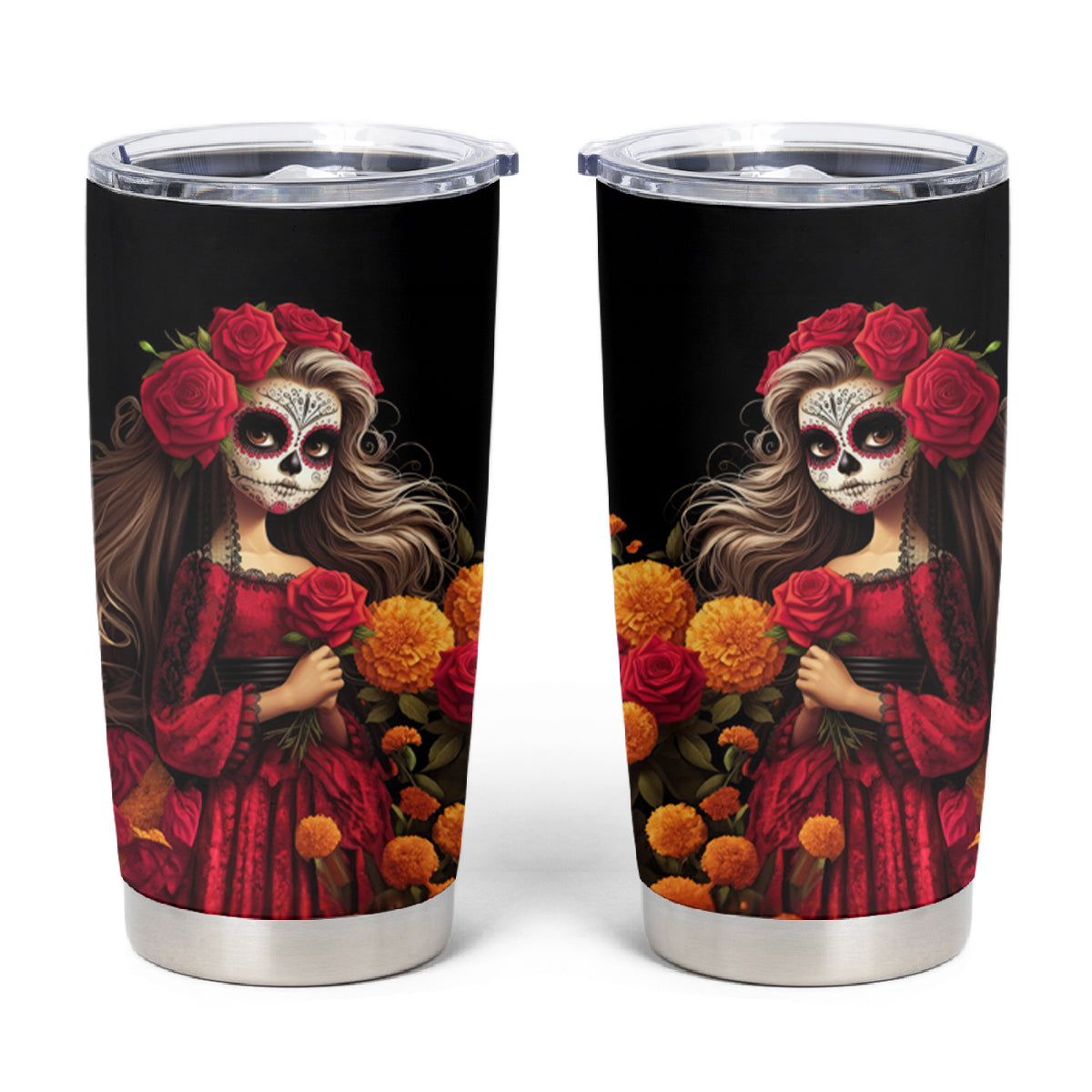 Day of Dead Girl Tumbler Cup Sugar Skull Girl Rose And Marigold