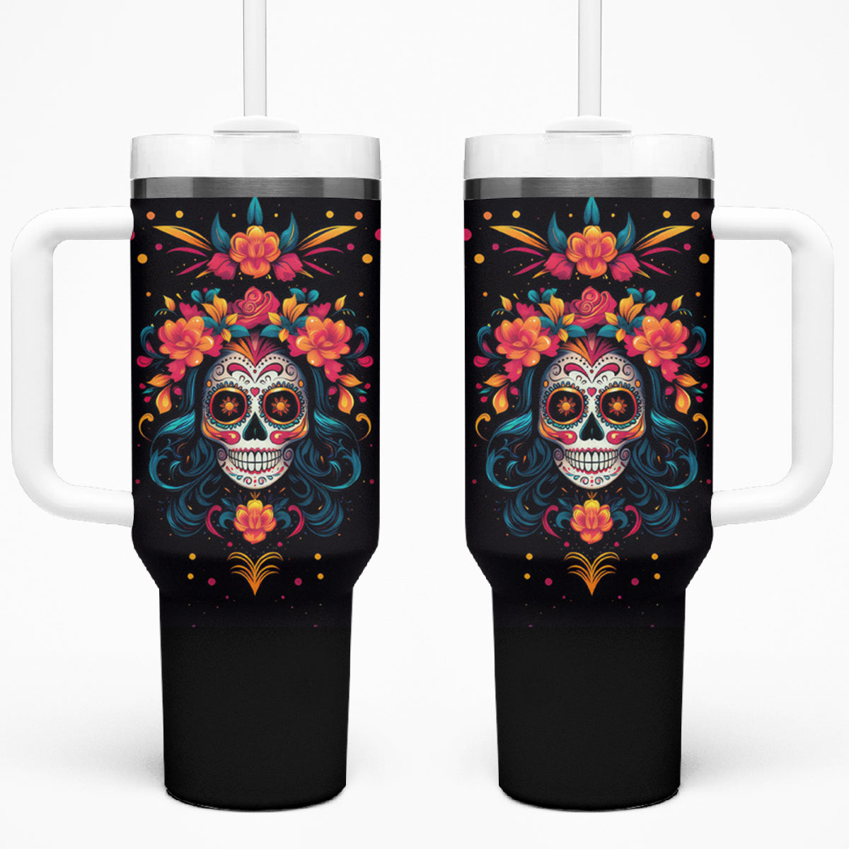 Day of Dead Skull Tumbler With Handle Sugar Skull Festival Lady