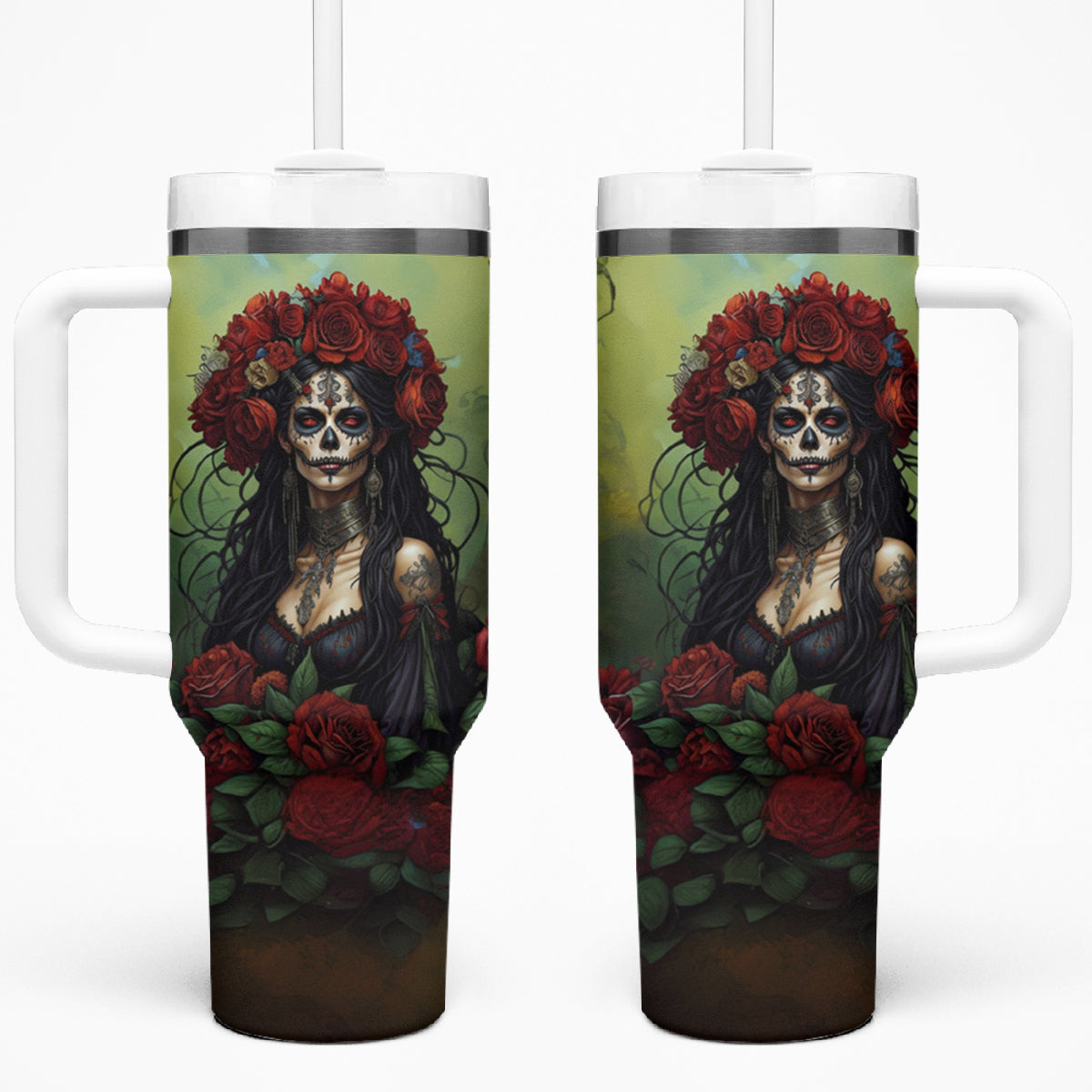 Day of Dead Lady Tumbler With Handle Sugar Skull Rose Lady