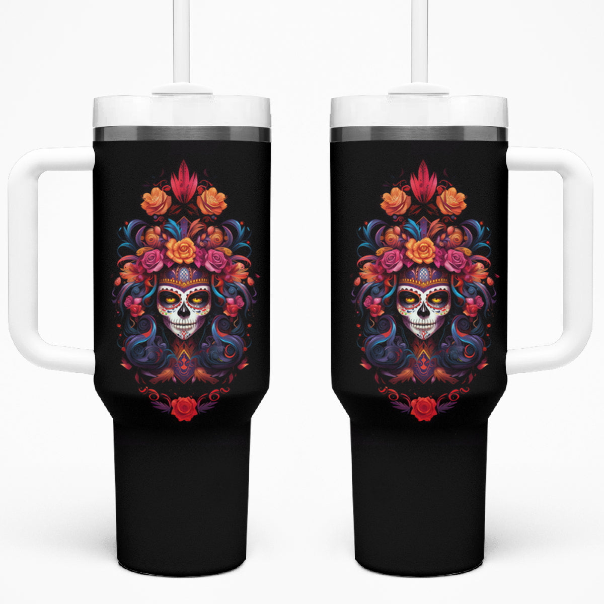 Day of Dead Skull Tumbler With Handle Sugar Skull Festival Lady