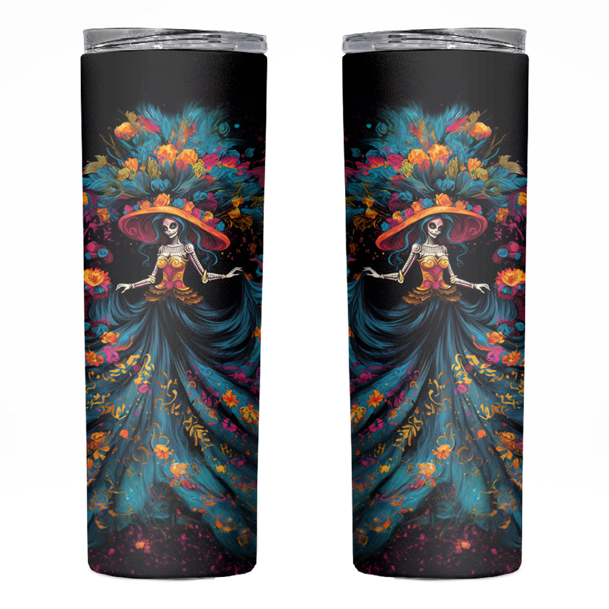 Day of Dead Lady Skinny Tumbler Sugar Skull Lady Dancing