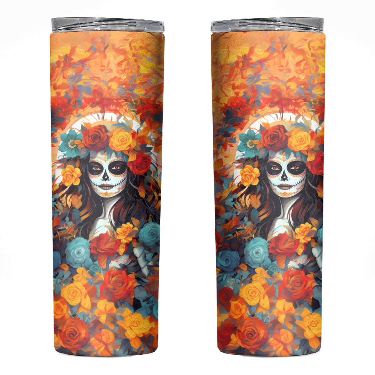 Day of Dead Lady Skinny Tumbler Sugar Skull Field Rose Lady