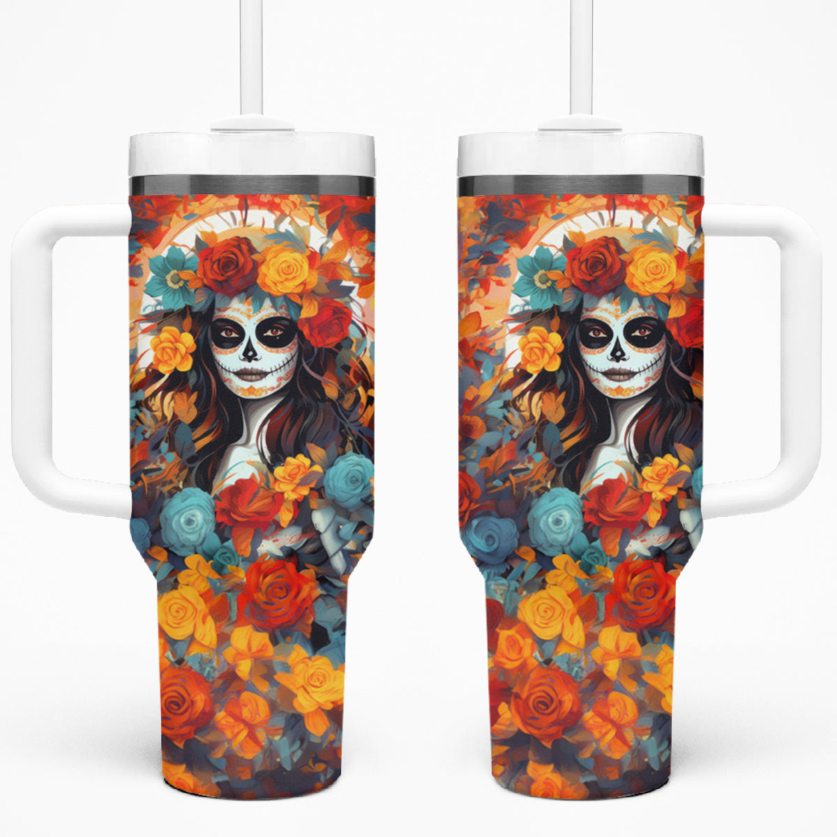 Day of Dead Lady Tumbler With Handle Sugar Skull Field Rose Lady